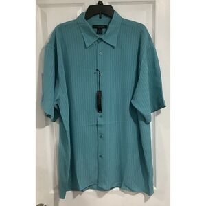 Vntg Domani Platinum Teal Shirt Mens 2XL Button Short  Sleeve Striped